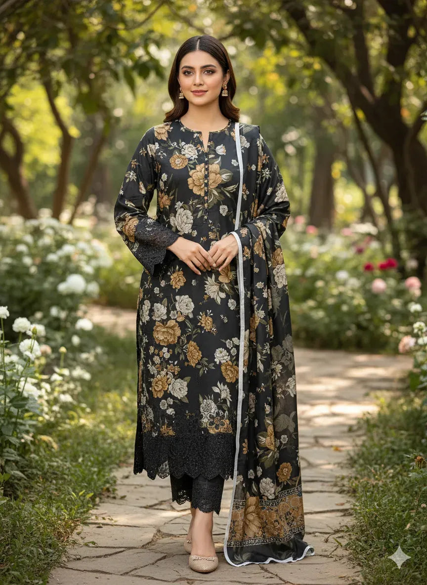 Premium Linen Digital Printed 3-Piece Suit with Full Embroidered Daman