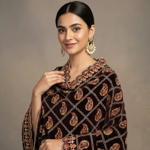 Bareeza Luxury Velvet Shawl maroon or dark brown with paisley motifs