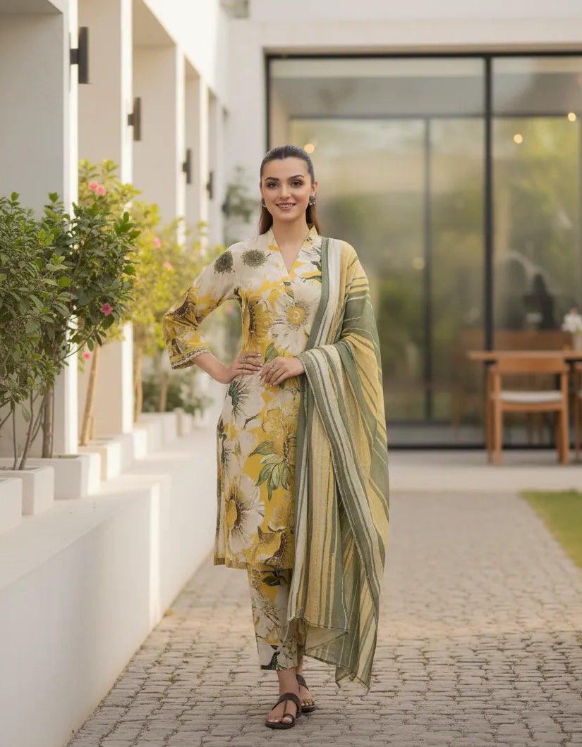 Maria B Inspired Khaddar Lawn Suit 3-Piece: Digital Printed Shirt & Shawl Dupatta with Embroidered Neck & Sleeve Patches