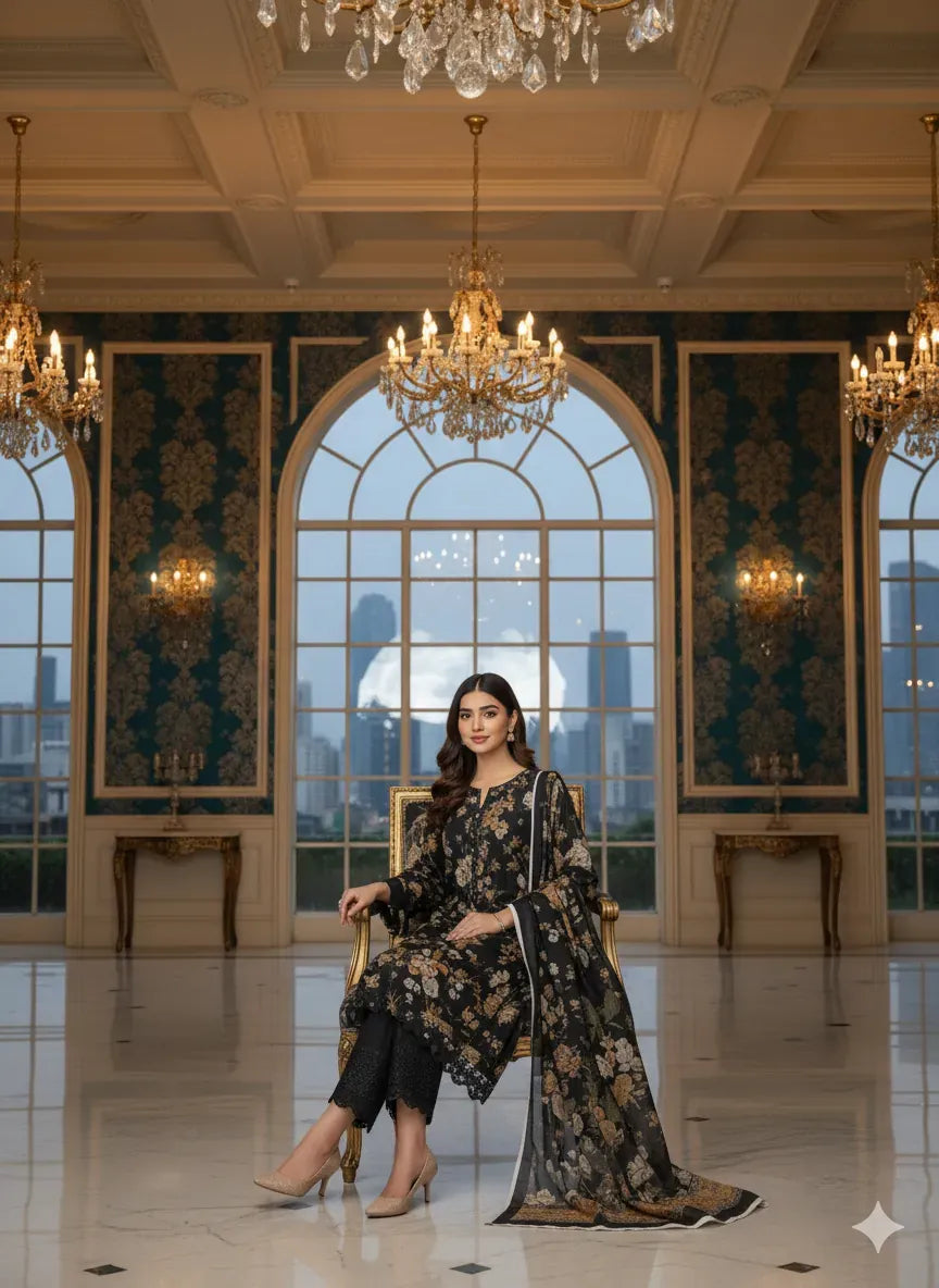 Premium Linen Digital Printed 3-Piece Suit with Full Embroidered Daman