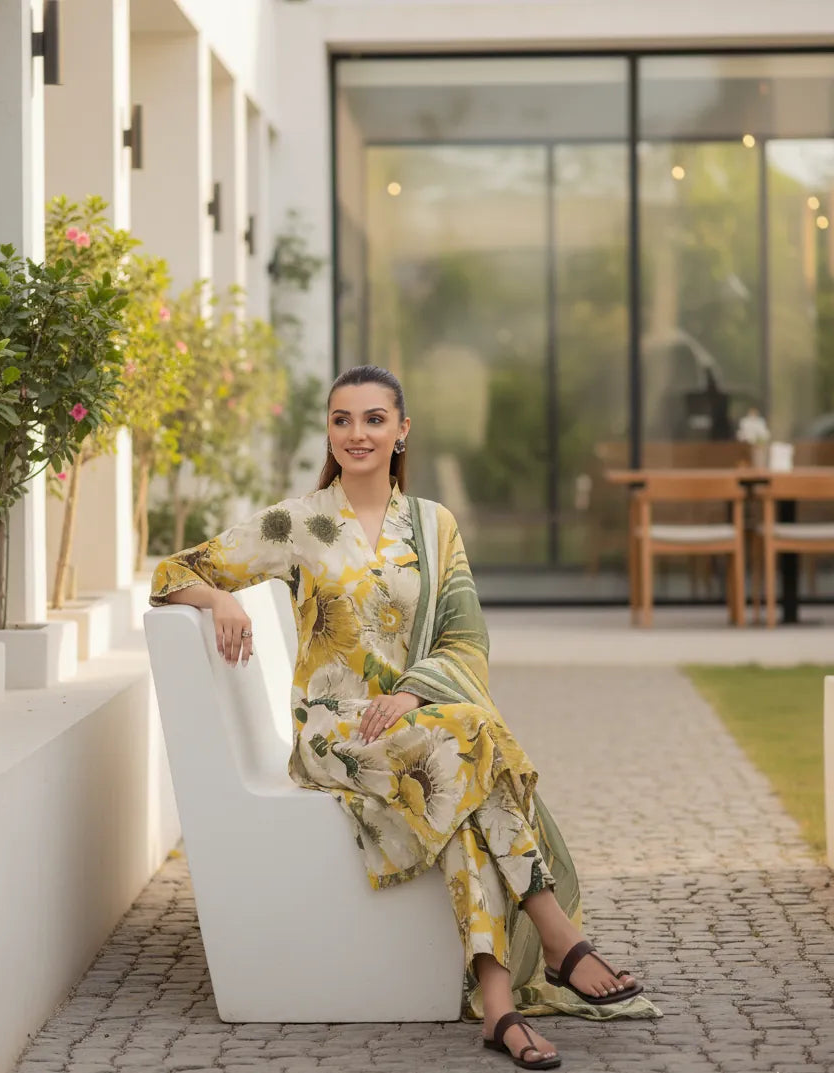 Maria B Inspired Khaddar Lawn Suit 3-Piece: Digital Printed Shirt & Shawl Dupatta with Embroidered Neck & Sleeve Patches