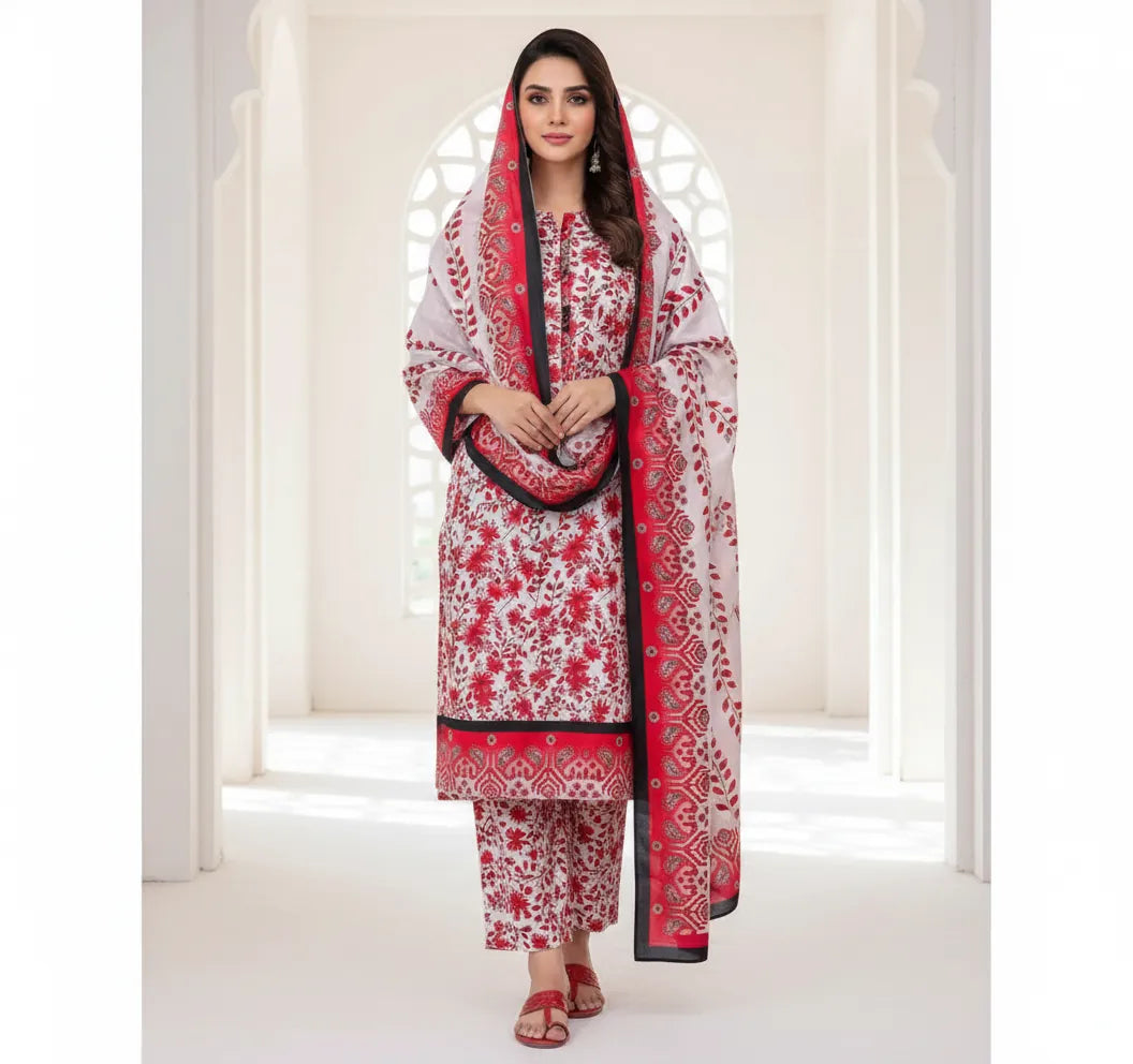 Red & White Floral Printed Linen 3-Piece Suit