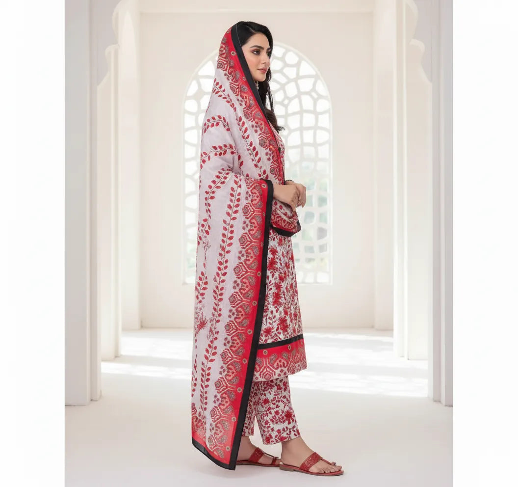 Red & White Floral Printed Linen 3-Piece Suit