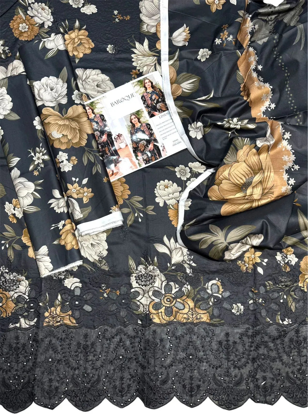 Premium Linen Digital Printed 3-Piece Suit with Full Embroidered Daman