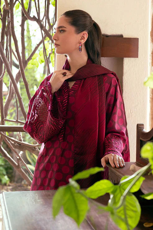 Original Baroque Maroon Polka Dot Dhank 3 Piece Suit with Jacquard Shawl