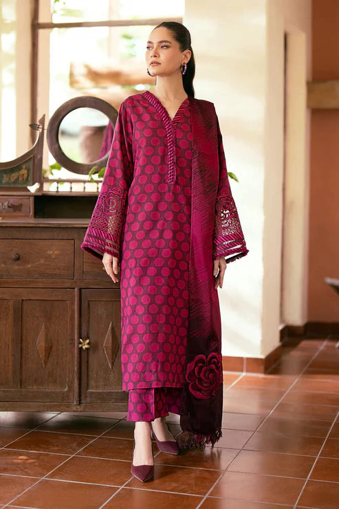Original Baroque Maroon Polka Dot Dhank 3 Piece Suit with Jacquard Shawl