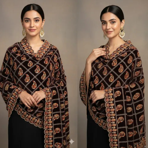 Bareeza Luxury Velvet Shawl maroon or dark brown with paisley motifs