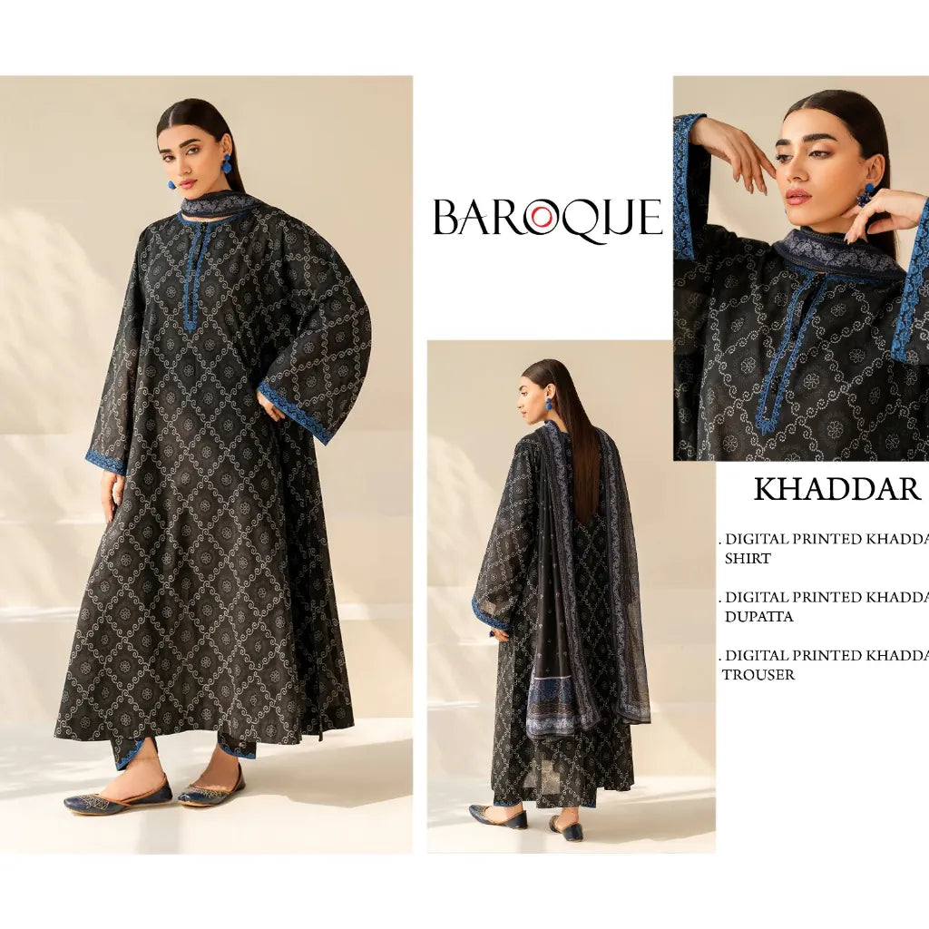 Baroque Luxury Winter Khaddar Printed Unstitched 3 Piece Suit – Premium Printed Khaddar Shirt, Trouser & Dupatta | Elegant Winter Collection 2025 for Women.