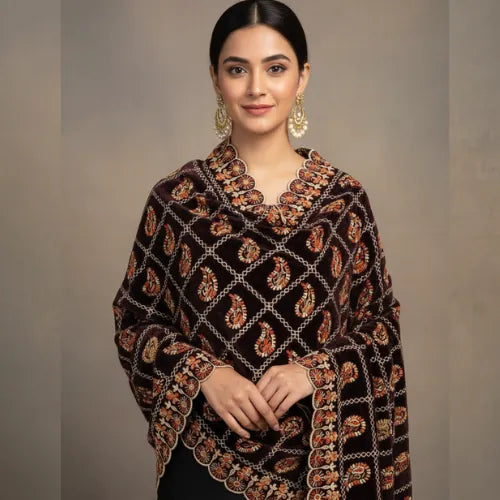 Bareeza Luxury Velvet Shawl maroon or dark brown with paisley motifs