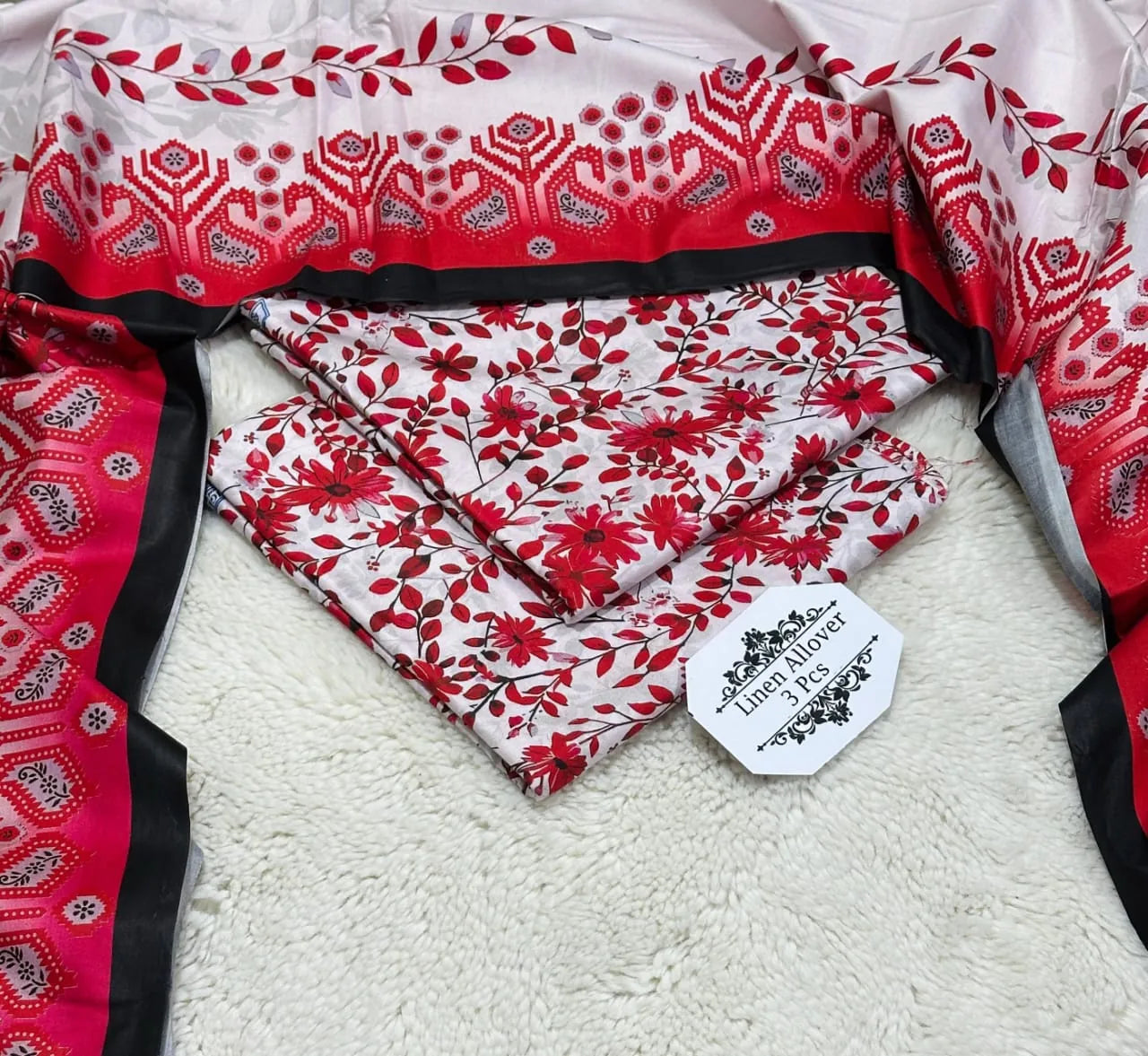 Red & White Floral Printed Linen 3-Piece Suit