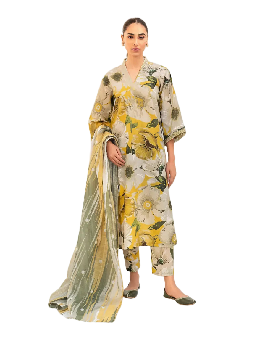Maria B Inspired Khaddar Lawn Suit 3-Piece: Digital Printed Shirt & Shawl Dupatta with Embroidered Neck & Sleeve Patches