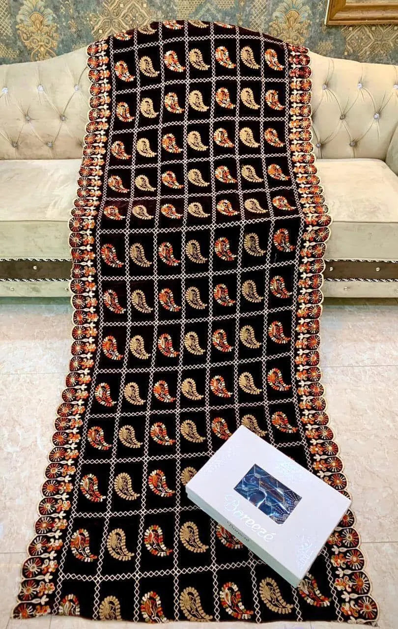 Bareeza Luxury Velvet Shawl maroon or dark brown with paisley motifs